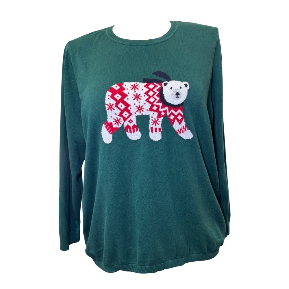 Tommy Hilfiger Polar Bear Holiday Sweater Green Fair Isle Knit Cotton Plus 1X